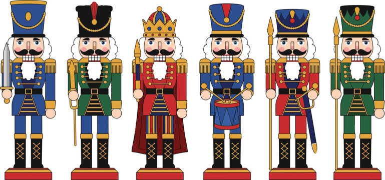 Set of traditional Christmas nutcracker soldier vector illustrations in colorful uniforms with swords drums and spears isolated on white background.