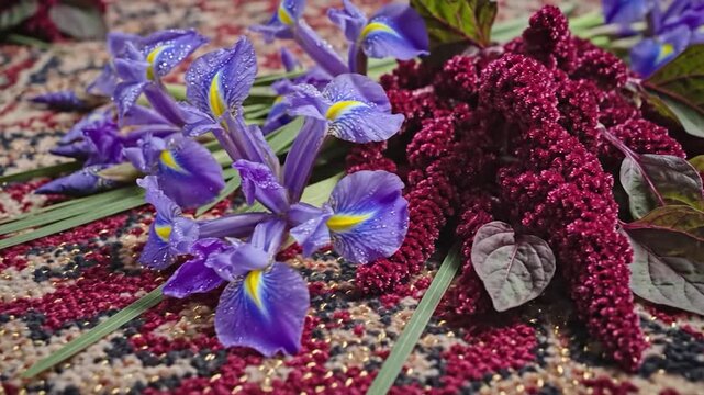Fresh purple iris flowers and red amaranth blossoms on a patterned rug.