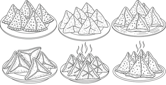 Set of traditional samosa line art vector illustrations featuring triangular pastries on plates for restaurant menus cookbooks and food coloring book designs.