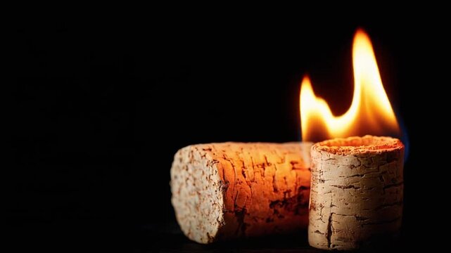 Close-up of burning cork with vibrant flames against a black backdrop, showcasing textures