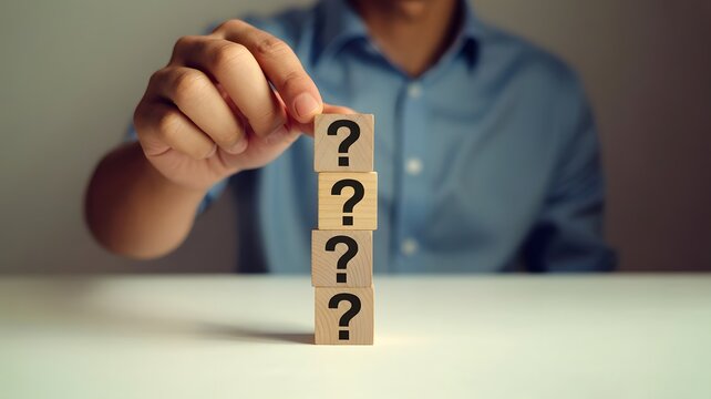 Hand hold Wooden cube block in question mark mean what on cement table background, column of wooden blocks with question sign mark. copy space,FAQ frequently asked questions, Answer, Information