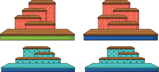 Set of 3D tiered display podiums with wooden tops and patterned bases for product showcase exhibition stands and commercial mockups.