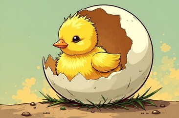 Yellow duckling emerging from cracked eggshell on ground with green grass and soft pastel background, showcasing a whimsical illustration of new life and nature's beauty