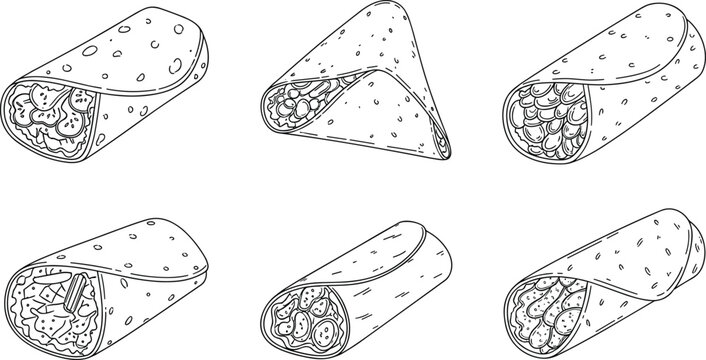 Set of burrito and tortilla wrap line art vector illustrations featuring delicious Mexican food rolls with beans meat and vegetables.