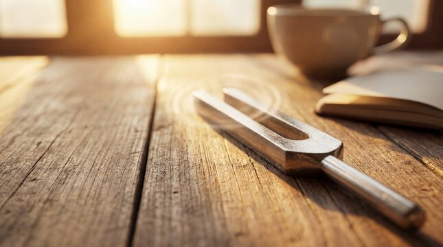 Tuning fork on wooden desk with coffee cup and notebook
