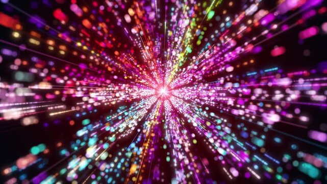 Colorful particles neon Lines, color glowing particle lines shuttle forward, with a rainbow of neon light rays striking, creating a beautiful visual effect of particle line stage art.