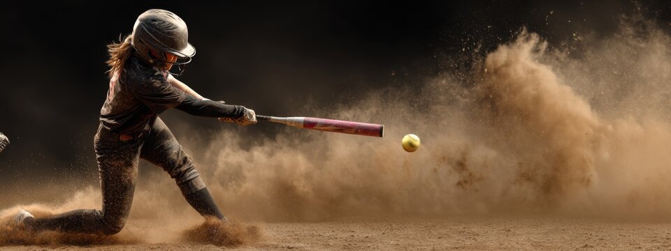 Dynamic Action Shot of Batter Swinging at Softball in Dusty Baseball Field