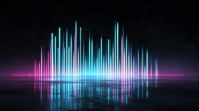 Soundwave equalizer bars pulsing with vibrant neon lights in dark concert atmosphere