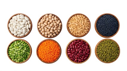 A collection of various legumes and beans in wooden bowls on transparent background