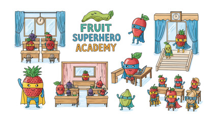 Fruit Superhero Academy: A vibrant illustration showcasing animated fruits donned in superhero attire within a school setting, signifying a whimsical concept of learning and heroism.