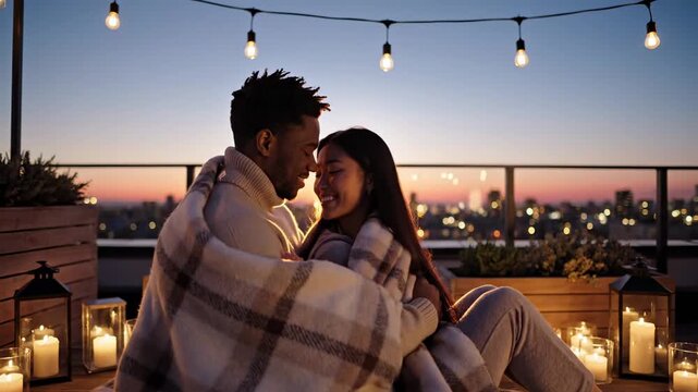 Couple wrapped in cozy blanket share intimate moment on rooftop terrace with glowing candles and string lights against a twilight city skyline backdrop