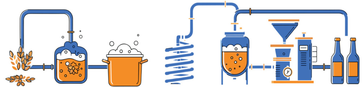 Industrial beer brewing process vector illustration featuring fermentation tanks cooling coils grain processing and bottling line in modern flat line art style.