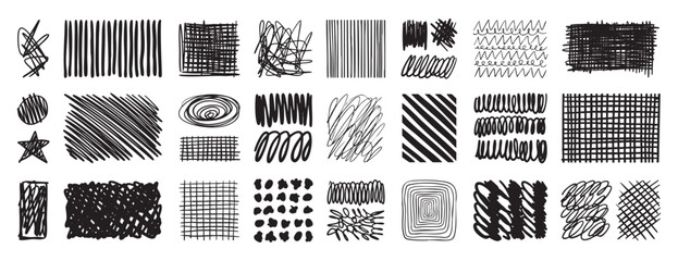 Set abstract scribble. Hand drawn doodle selection symbols isolated on white background. set, doodle hand drawn, for stickers, logos, branding, social media and printable. © Yanka