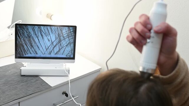 closeup scalp examination using  trichoscope reveals alopecia, dandruff and seborrhea. Specialist analyzes hair structure on monitor. Professional approach to hair diagnostics. Hair loss oily scalp