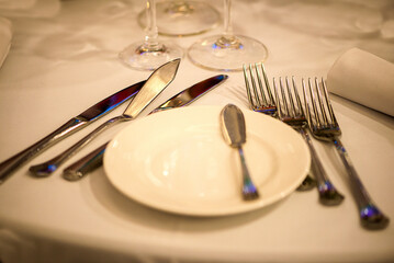 Close Up Fine Dining Tableware Arrangement With Elegant Details