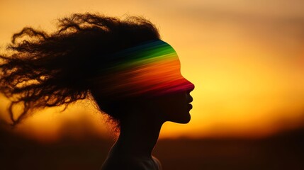 Colors of the Mind: A silhouette of a woman with vibrant rainbow hues overlaying her face and hair against a warm, evocative sunset, capturing a moment of profound contemplation.