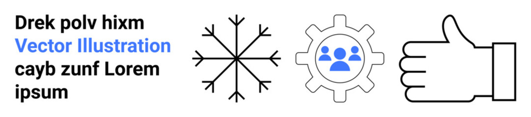 Fototapeta premium Collaboration, teamwork, approval, productivity, winter, abstract design. Minimalist snowflake, gear with team icon and thumbs-up symbol. s collaboration and teamwork concepts