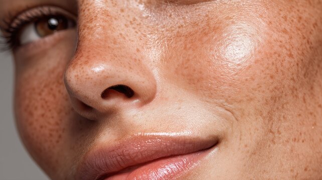 そばかすのある女性の肌のアップ。美容やスキンケアのイメージに最適な写真。