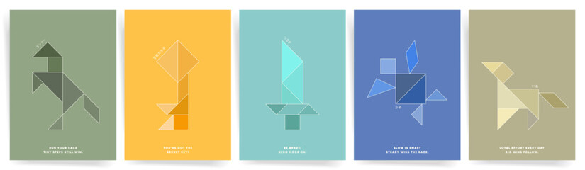 Minimal motivational tangram poster set for boys. Tangram Geometric Backgrounds with positive quotes and pastel geometric shapes, modern kids classroom wall art, inspirational typography print vector  © Takoyaki Shop