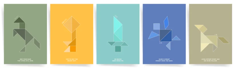 Fototapete Rund Positive Typografie Minimal motivational tangram poster set for boys. Tangram Geometric Backgrounds with positive quotes and pastel geometric shapes, modern kids classroom wall art, inspirational typography print vector   © Takoyaki Shop