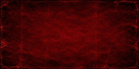 A dark vintage red grunge texture with a stained paint pattern on an old dirty wall creates a grungy blood colored backdrop for Christmas art design © hossain