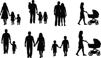 Black silhouette collection of happy family members walking together including parents with children mother pushing baby stroller father holding hands and kids playing outdoors.