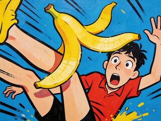 Slipping on a banana peel, a comic style character falls.