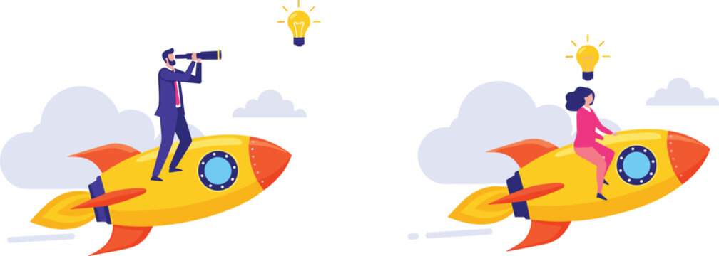 Business entrepreneur and creative woman flying on rocket towards success with lightbulb idea and telescope for vision in competitive startup market
