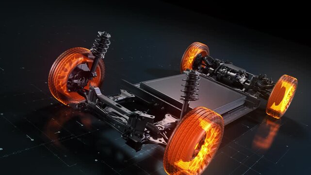 Electric car chassis with glowing orange wheels animation.