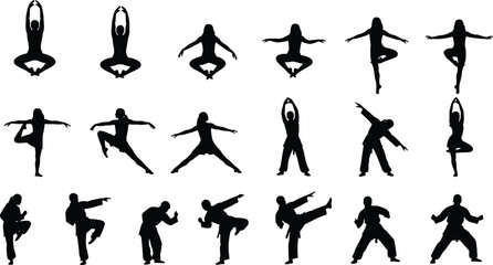 Black vector silhouettes of people practicing martial arts karate and yoga poses in various action positions, isolated on a white background for design. © Farzana