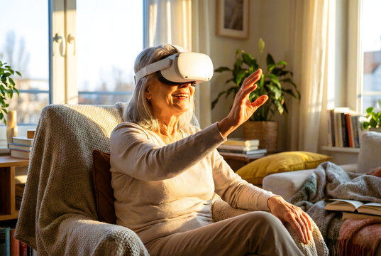 An elderly woman sitting on a sofa while experiencing metaverse.