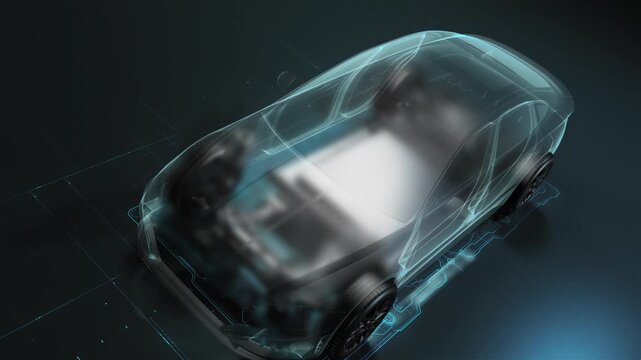 Holographic blueprint of electric vehicle in motion.