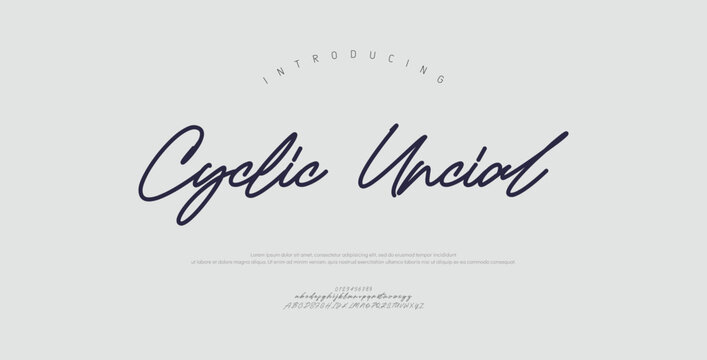 Cyclic Uncial, Script font alphabet logo. Typography Beauty fashion luxury classic letters serif fonts decorative wedding vintage retro logos. vector illustration
