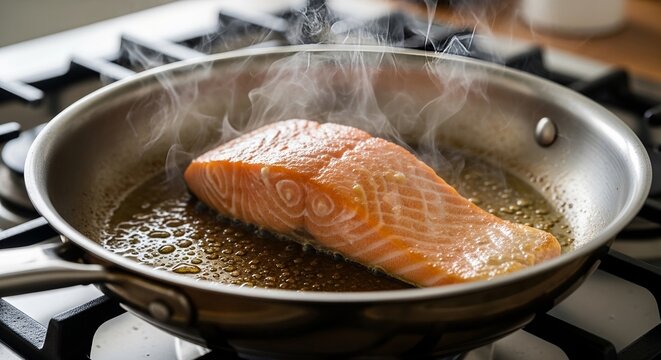 Salmon fillet being cooked in a stainless steel pan on a gas stove with rising steam