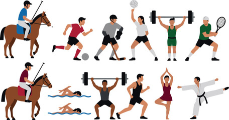 Sports people collection vector illustration featuring horse riding, football, hockey, volleyball, weightlifting, tennis, swimming, running, ballet and karate isolated on white background © Farzana