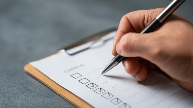 Close-up of a hand with pen filling out a checklist on a clipboard