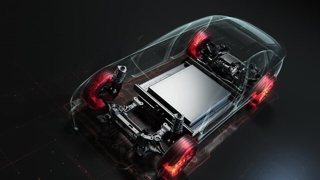 Full assembly of a modern electric car with glowing elements.