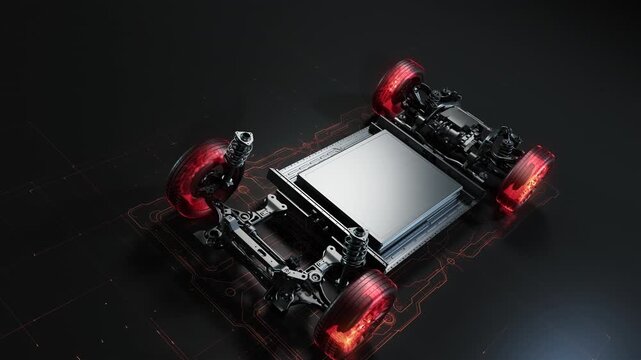 Electric car chassis with glowing red brake discs and components.