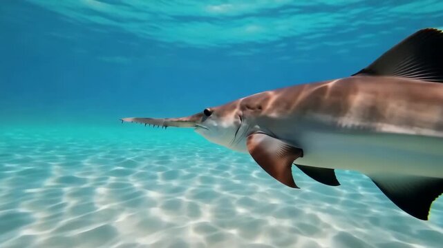 Rare sawfish gliding gracefully underwater in tropical blue ocean waters near sandy seabed