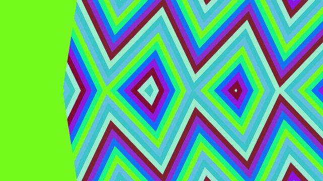 Dynamic abstract background featuring a vibrant, symmetrical pattern of chevron stripes and interlocking diamond shapes in bright colors, with a solid green sidebar. 