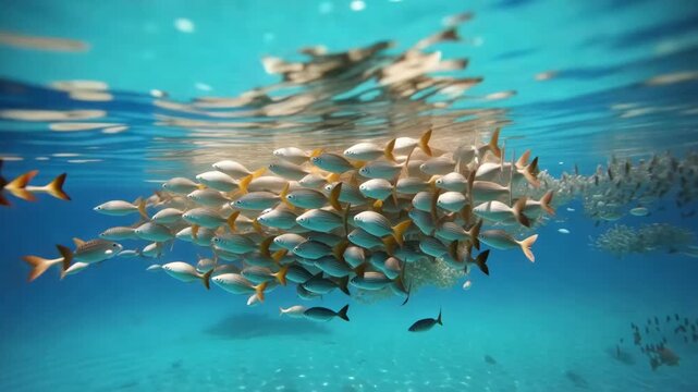 School of silver fish with yellow fins swimming together underwater in clear tropical waters reflections on surface visible