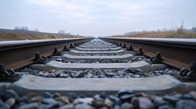 low angle rails disappearing into foggy horizon, damp gravel foreground and muted sky convey eerie industrial calm, strong vanishing lines and subdued color palette create mysterious mood