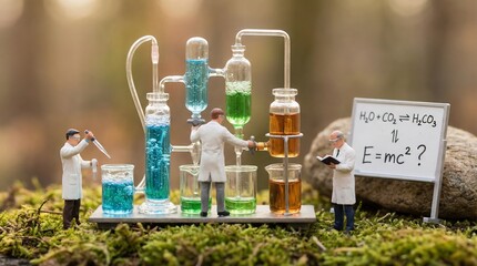 Miniature scientists conduct a complex chemical distillation experiment using colorful liquids set outdoors on mossy ground near a rock.