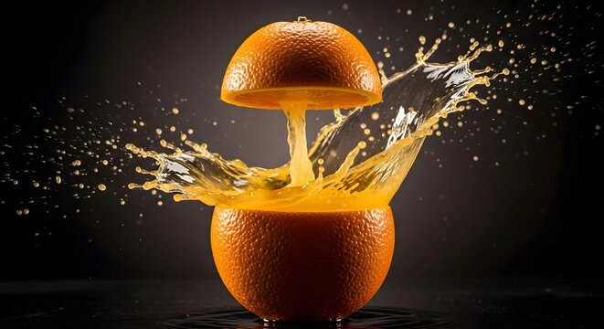 Juicy orange squeeze with splashing liquid and dramatic lighting effects
