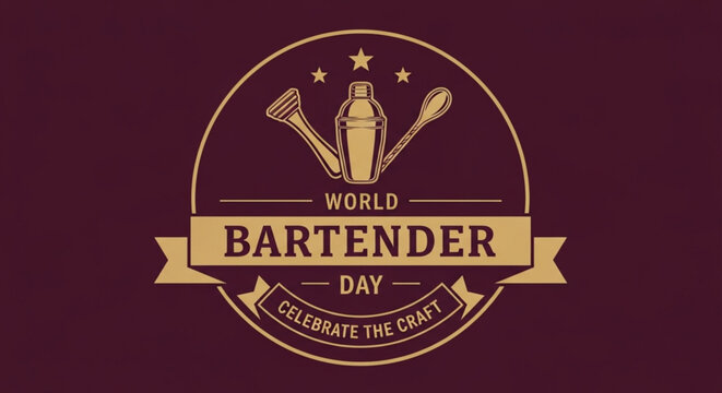 Bartender day celebration logo with cocktail shaker and muddler on dark background