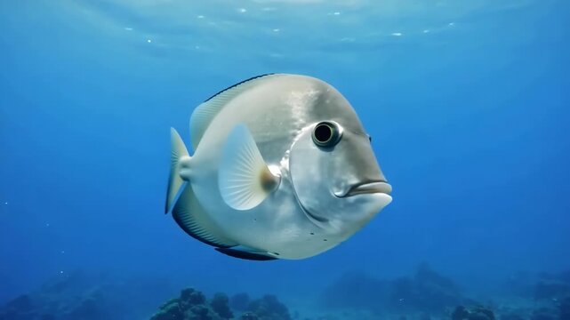 Silver batfish swimming gracefully in clear blue ocean water exploring coral reef environment