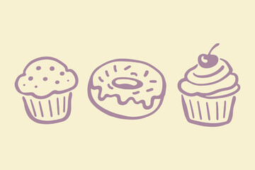 Cupcakes and donut doodle line art vector illustration