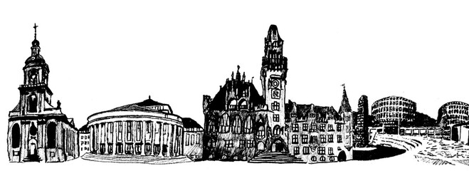 Graphitzeichnung der wichtigen Geb&auml;ude von Saarbr&uuml;cken St. Johann mit der Basilika, dem Staatstheater, dem neuen Rathaus und der UKV
