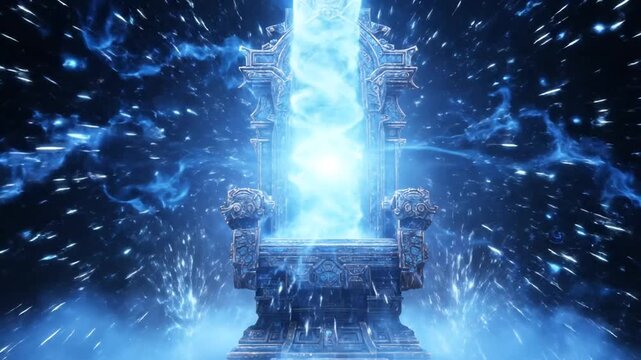 A regal throne, intricately designed with blue light cascading, engulfed in ethereal energy and ambiance