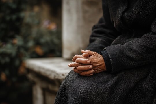 Gently folded hands of older woman in black wool coat resting on lap, funeral concept, grief